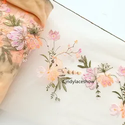 1Meter 20CM Wide Soft Orange Floral Mesh Embroidered Lace Trimmings for Wedding Bridal Dress Bra Lingerie Home Textiles Handmade