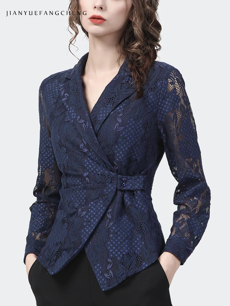 Vintage Floral Women Lace Shirt Long Sleeve V-neck Hollow Out Tops Elegant Slim Ladies Spring Summer Casual Working Shirts