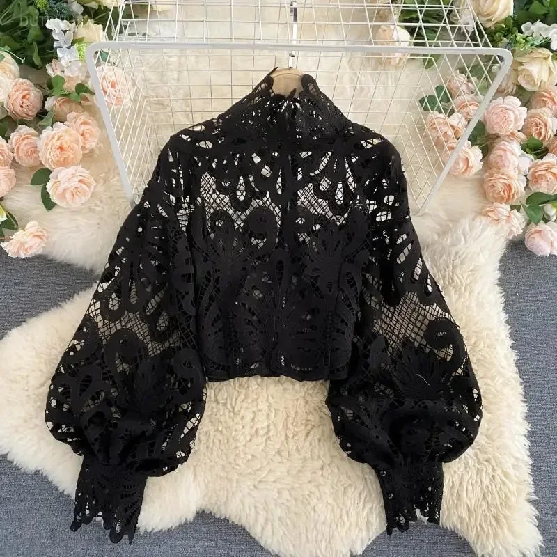 Fashion Chic Lantern Long Sleeve Blouses 2024 Fresh Sweet Zip Short Blusas Sexy Lace Hollow Out Stand Collar Women Shirt