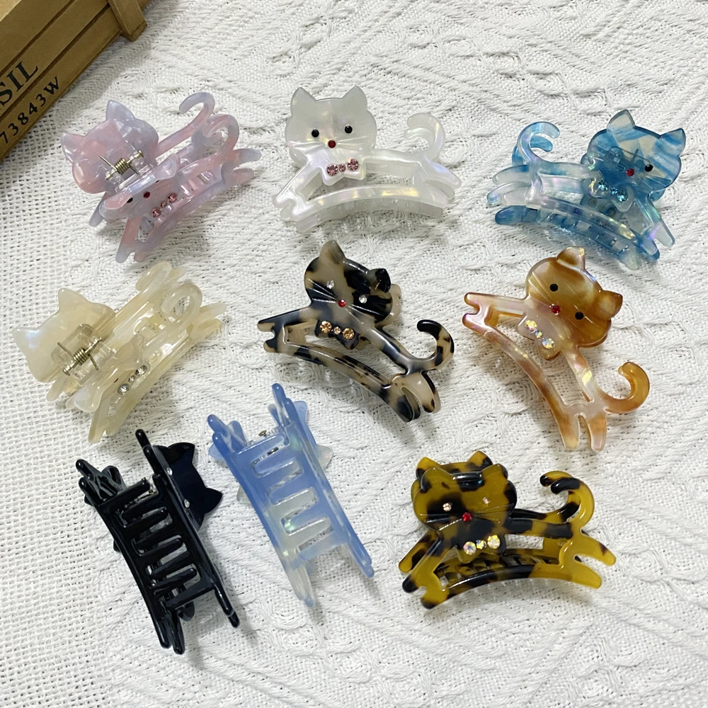 Cute Cat Hair Clip Acetate Claw Clip Animal Hair Claw Kawaii Cartoon Diamond Hair Crab Clip Headwear for Women’s Hair Accessorie