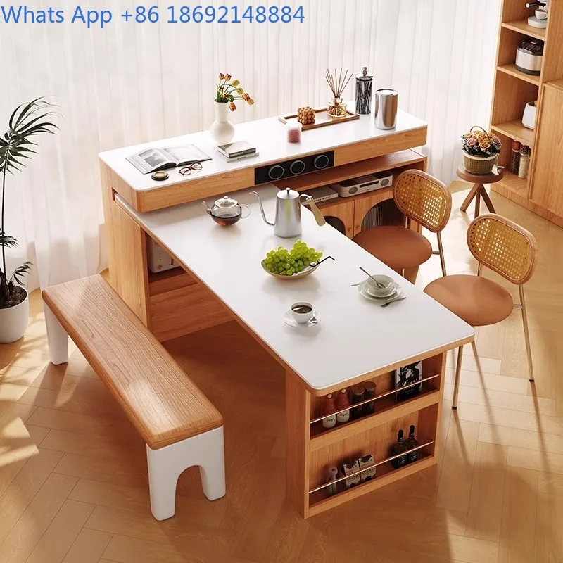 

Solid Wood Small Apartment Island Dining Table Home Rotatable Extendable Multifunctional Natural Wood Style Rock Board Bar Table