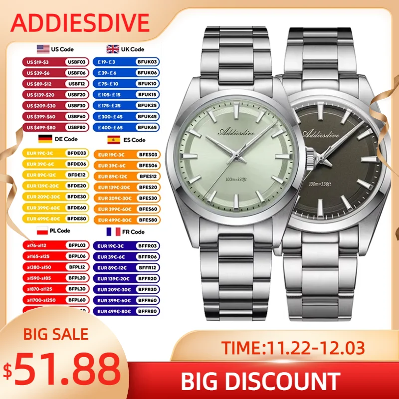 ADDIESDIVE Simple AD2066 New Man Quartz Watch K1 Mineral Bubble Mirror Glass BGW9 Luminous 100m Waterproof AD2066 Men's Watches