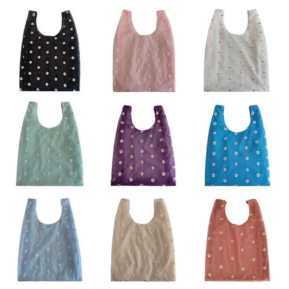 

Разноцветная сетчатая сумка-тоут с вышивкой ромашками, прозрачная, из высококачественной органзы, маленькая, милая, в стиле феи