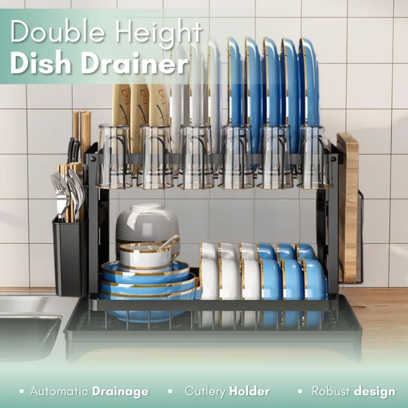AT69 -Kitchen Dish Rack In Modern Simple Iron Wire Design-Dual Layer With Utensil Holder, Cutting Board Stand, And Draining Tray