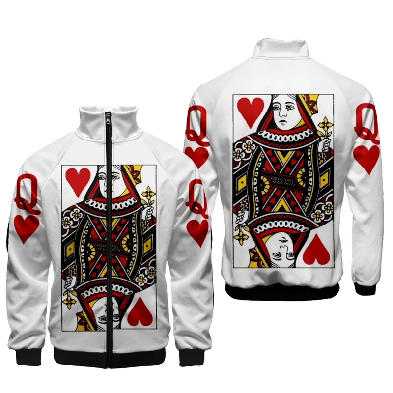 Playing Cards Poker K A Print 3d Stand Collar Hoodies Men Women Zipper Hoodie Casual Long Sleeve Jacket King Queen Coat Clothes