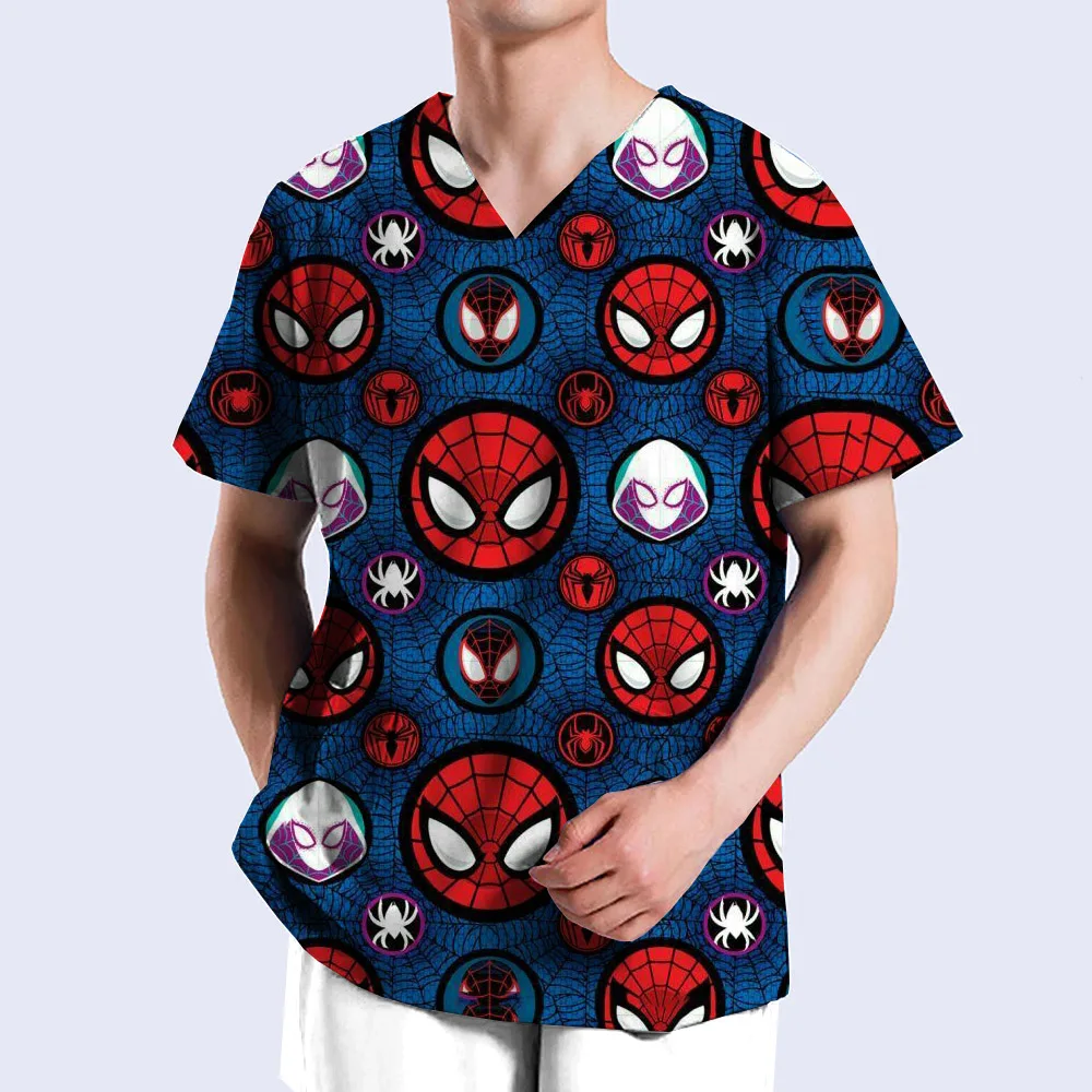 Marvel Spider Man print Medical Uniforms Nurse Accessories for Work Doctor's Surgical Scrub Cartoon Pattern Short Sleeved Shirt