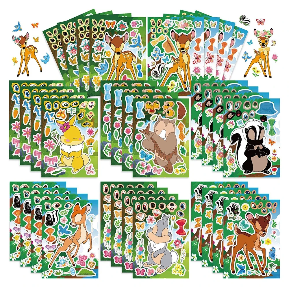 8/16 Blatt Disney Bambi Make a Face Puzzle-Aufkleber für Kinder, DIY-Spiele, Lernspielzeug für Kinder, lustiges Zusammenbauen von Puzzles, Partygeschenke