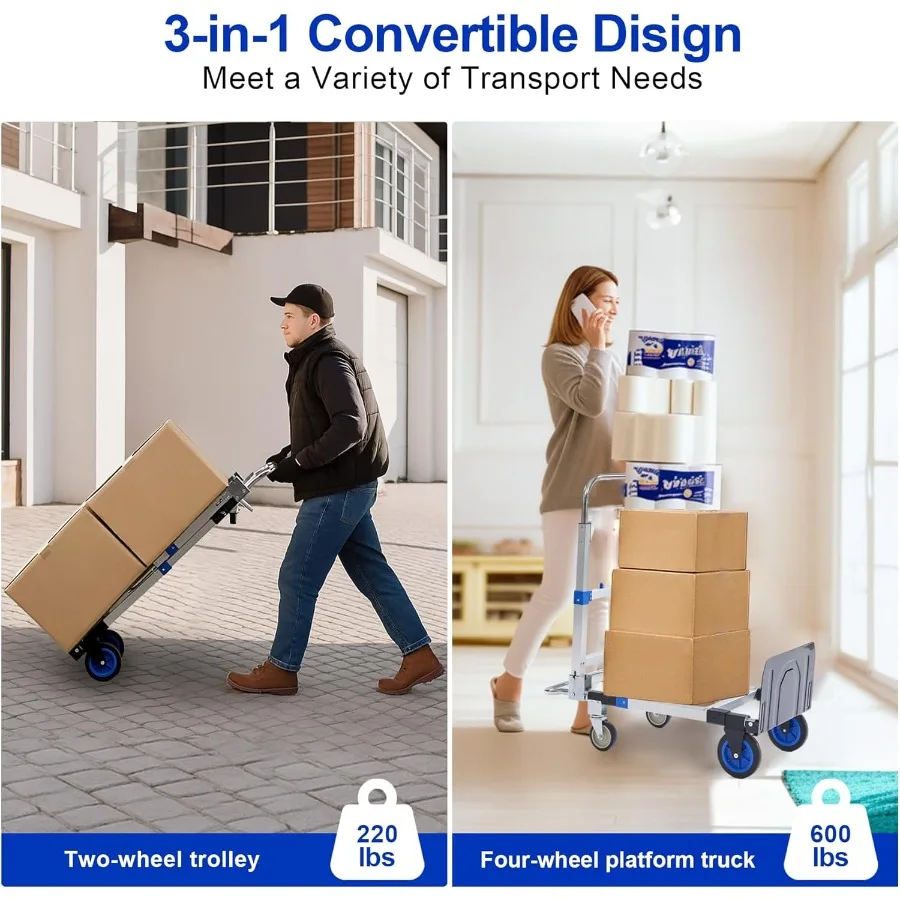شاحنة يدوية قابلة للطي من الألومنيوم 3 في 1 بسعة 600 رطل للاستخدام في المكاتب المنزلية والمستودعات: دمية شديدة التحمل قابلة للتحويل #3