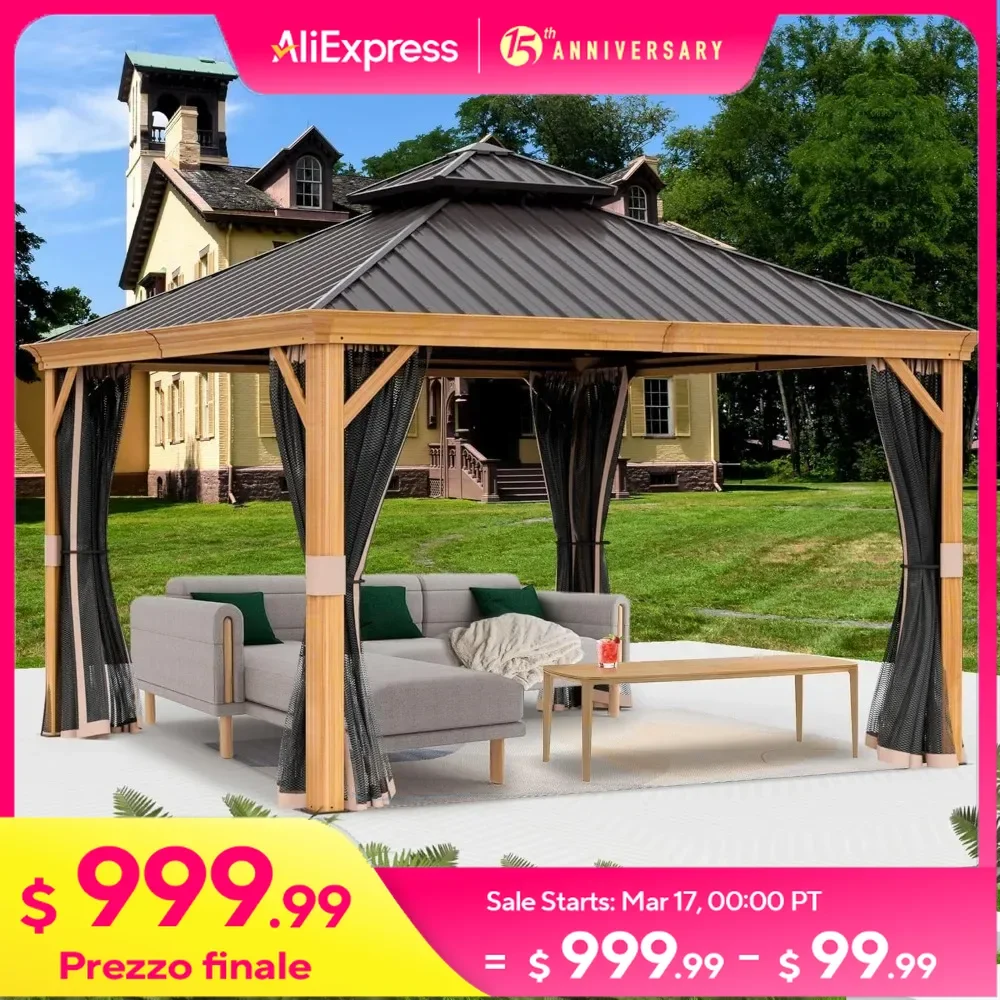 12’x12’ Hardtop Gazebo with Netting，Wooden Coated Aluminum Frame Canopy with Galvanized Steel Double Roof，Metal Pavilion