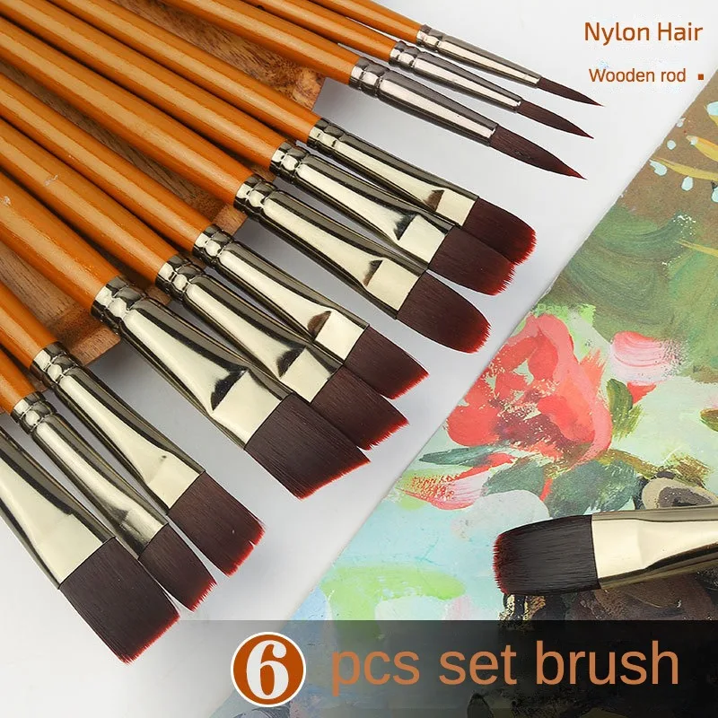 6 pcs set wood short pole wine red nylon hair Watercolor painting brush 4 kinds of pen point optional oil paint pen art supplies