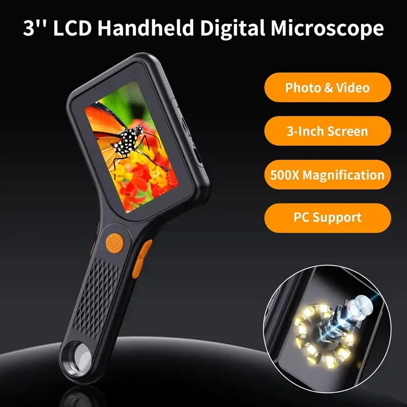 Digital Microscope for Adults 500X Handheld Pocket USB Microscope with 3 Inch HD Screen Portable Coin Magnifier with 8 Adjustabl