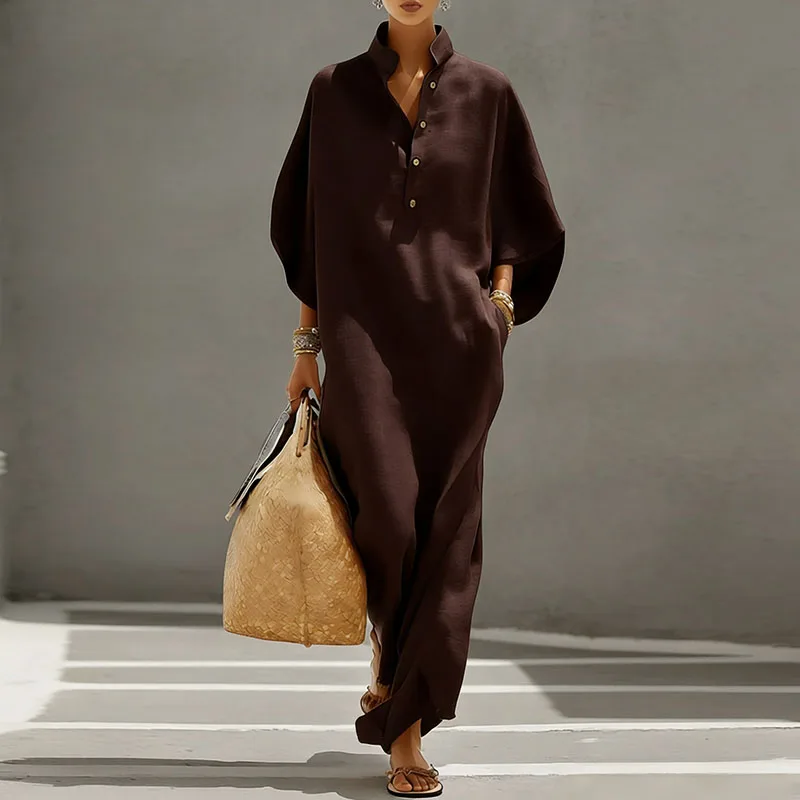 Zomerjurk Bohemian Lange Jurk Dames Sexy Staande Kraag Knoop Elegante Feestjurken Lente Vleermuismouw Losse Maxi Jurk