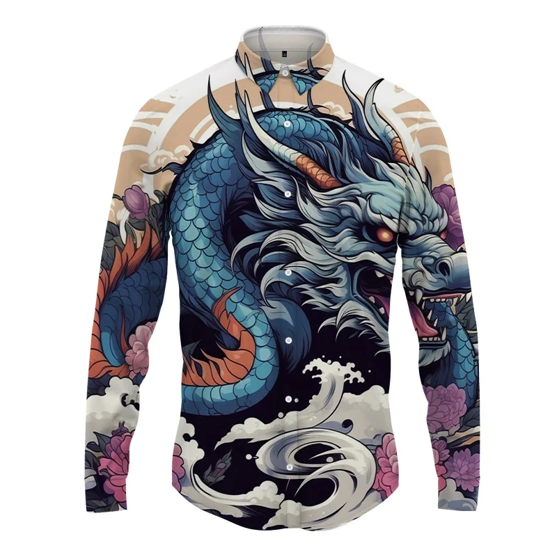 Street Harajuku Men's Spring And Autumn Fashion Men's Button Shirt 3D Dragon Graphic Shirt Hawaiian Men's Long -sleeved Shirt