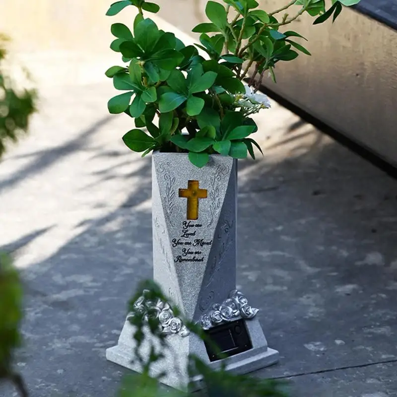 Cemetery Grave Flower Vase Solar LED Hand Painted Statue Flower Pot Decorative Statue Vase For Garden Lawn Cemetery Courtyard