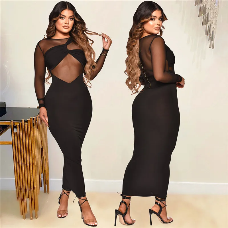 Sexy malha sheer clube vestidos para mulheres festa de aniversário roupas elegante manga longa retalhos meia-noite bodycon maxi vestido