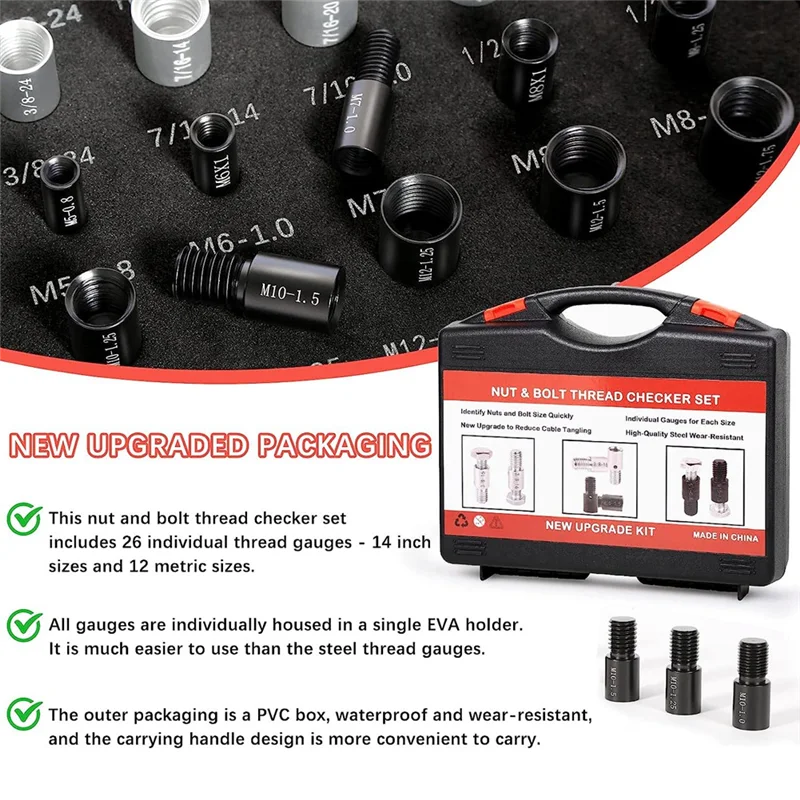 너트 및 볼트 나사 검사, 너트 및 볼트 크기 게이지, 14 인치 및 12 미터법, 감지용 조립 나사 게이지