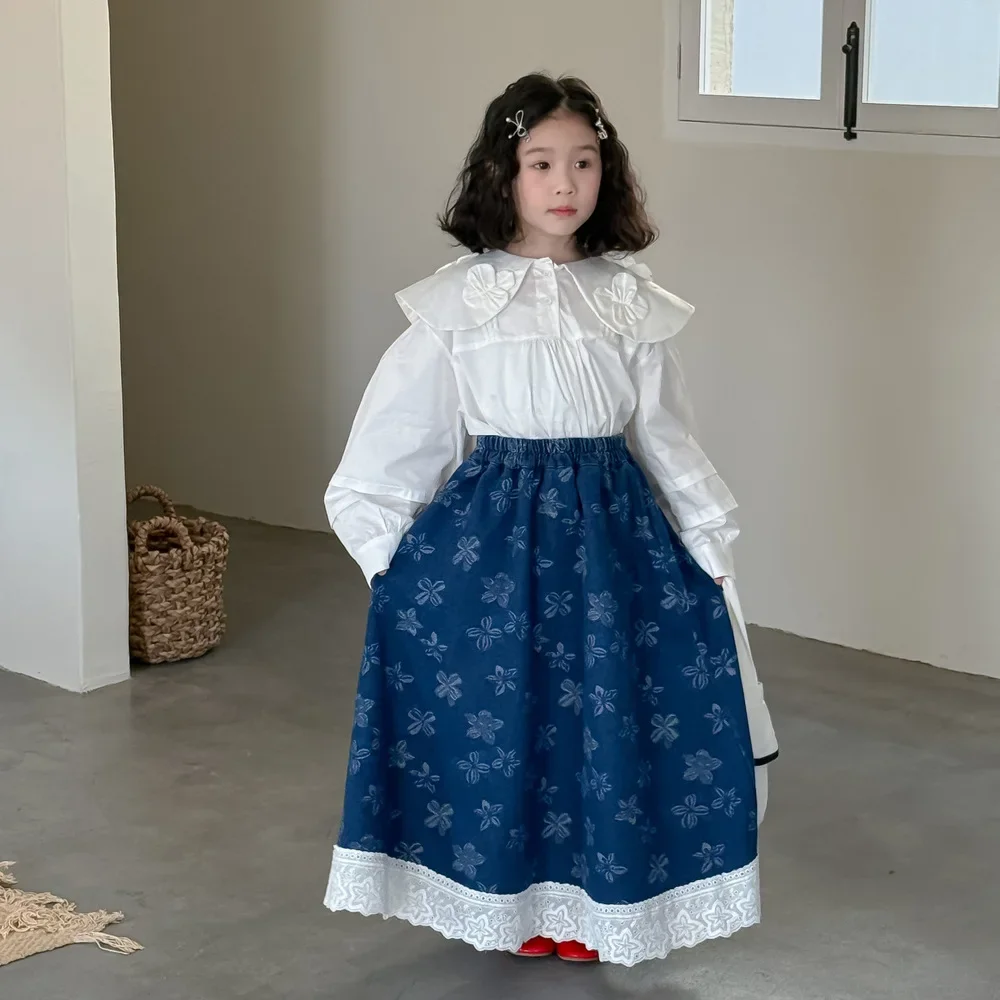 تنورة الفتيات 2025 ربيع جديد الكورية كل مباراة مرونة الخصر زهرة الدانتيل الدنيم تنورة غير رسمية ملابس الاطفال الفتيات #5