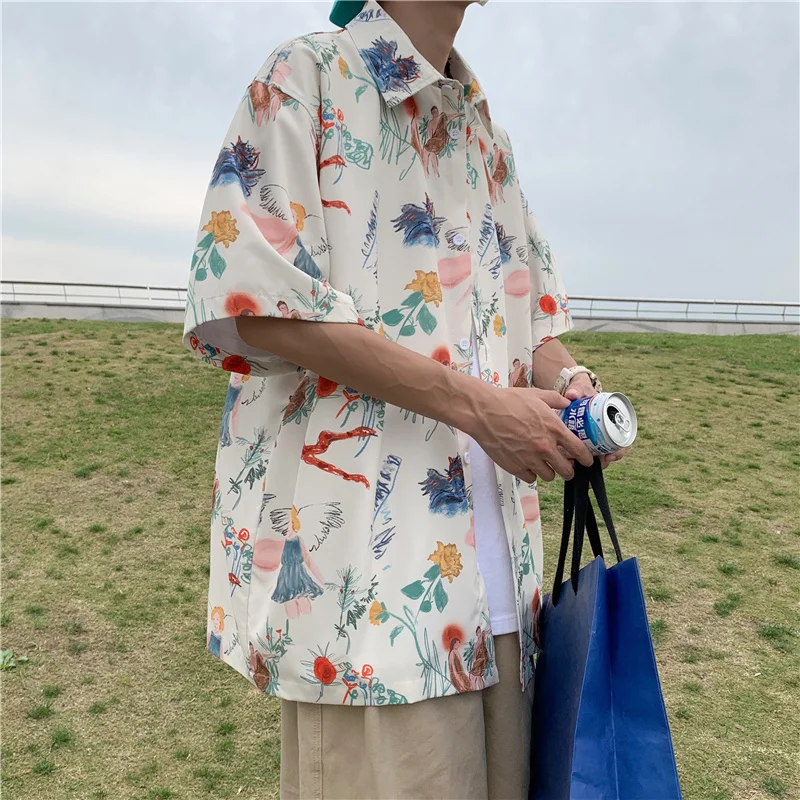

Flower Print Shirt Men Casual Hawaiian Loose Turn-down Collar Short Sleeve Button Down Shirts for Men Vintage 2024 Summer A20