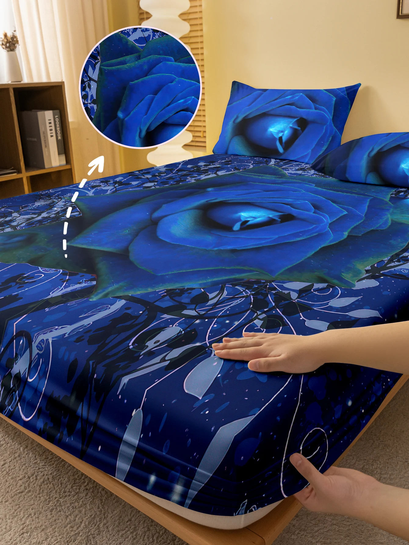 1 Sábana bajera esmerilada con estampado digital de rosa azul y flor de planta moderna y sencilla, funda de cama estampada para dormitorio, ropa de cama (sin funda de almohada)