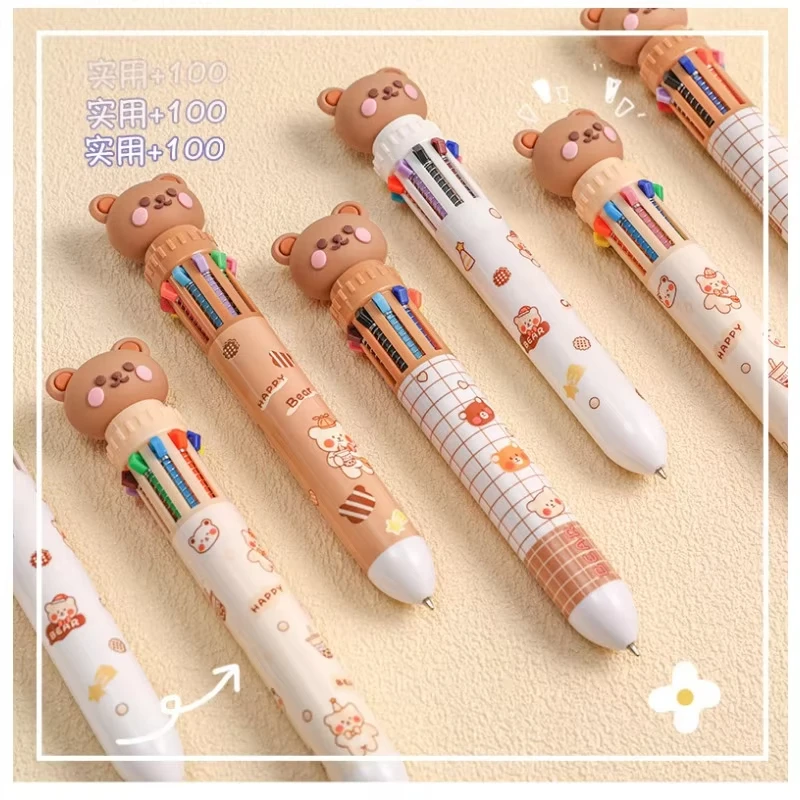 Caneta esferográfica fofa de urso, caneta esferográfica multicolorida em 10 cores para estudantes, material de papelaria para escritório, aprendizagem, conta manual