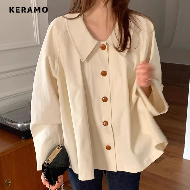 Vintage Elegant Style Peter Pan Collar Solid Color Simple Blouses 2024 Spring Women Office Lady Loose Long Sleeve Chiffon Shirts