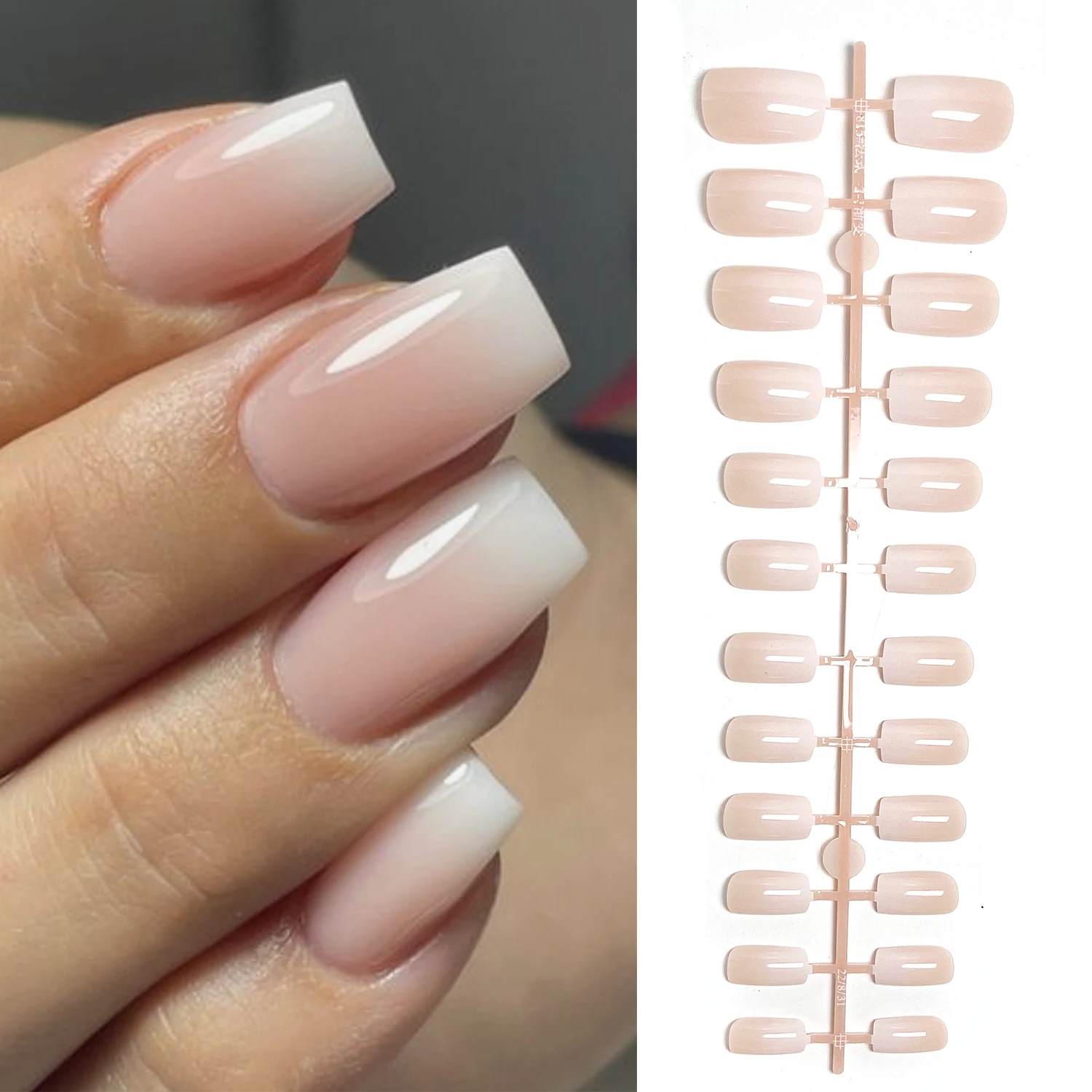 120pcs Gradient Pink White Coffin Nail Tips Medium Length Square Glossy Acrylic Fake Press on Nails Premade False Nail Extension