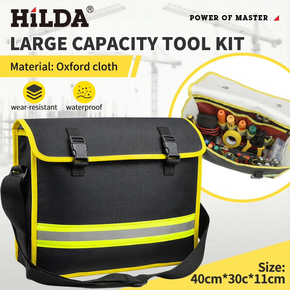 

Большая многофункциональная сумка для инструментов HILDA, водонепроницаемый износостойкий набор инструментов с регулируемым ремнем для обслуживания и строительства