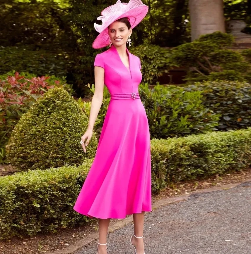 Customized Hot Pink A-line Mother of the Bride Dress 2025 V Neck Lace Appliques Tea Length Satin Wedding Guest Gowns