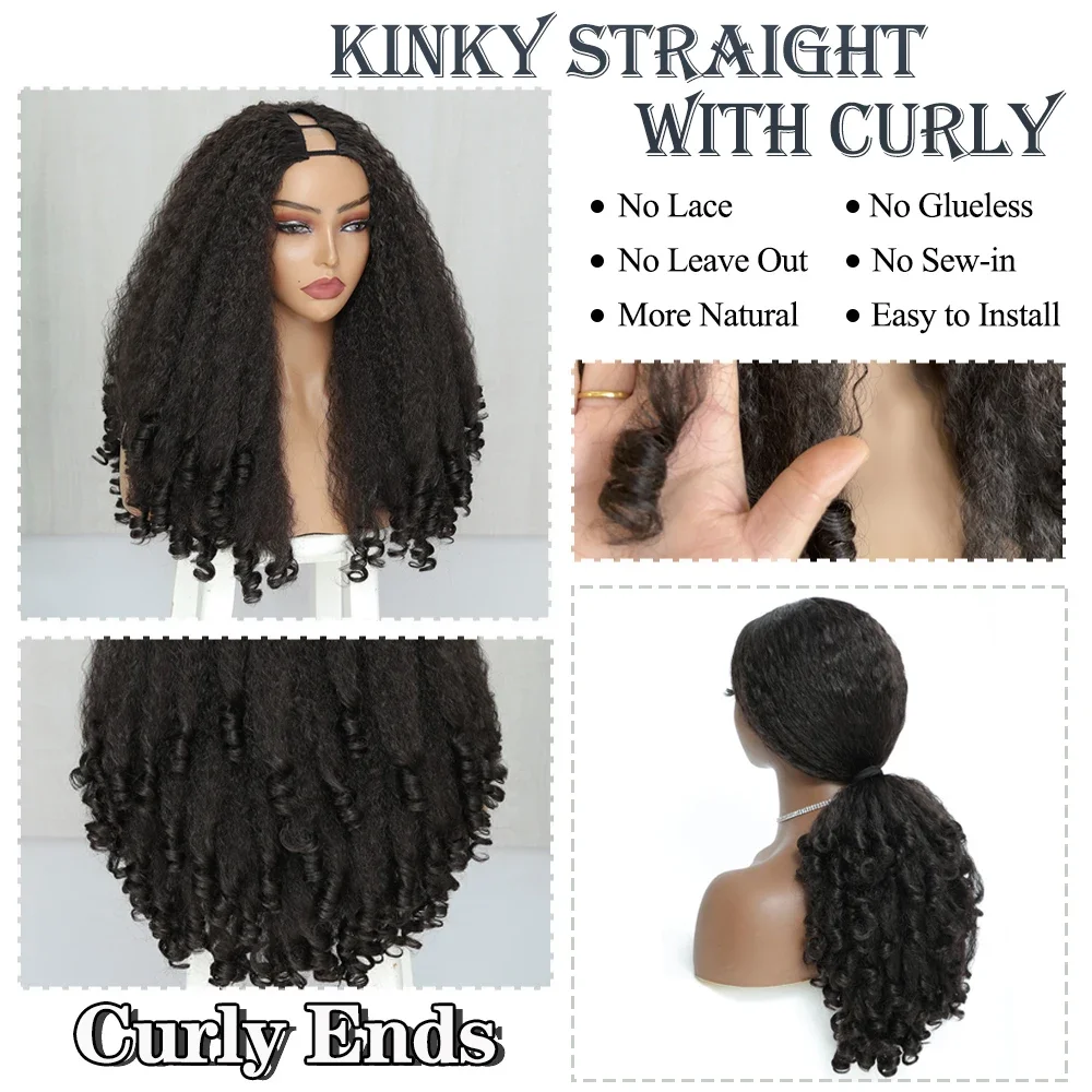 X-TRESS Afro Curly V Part Wig for Black Women Kinky Straight with Curly Ends Glueless No Leave Out Clip in Synthetic Half Wigs