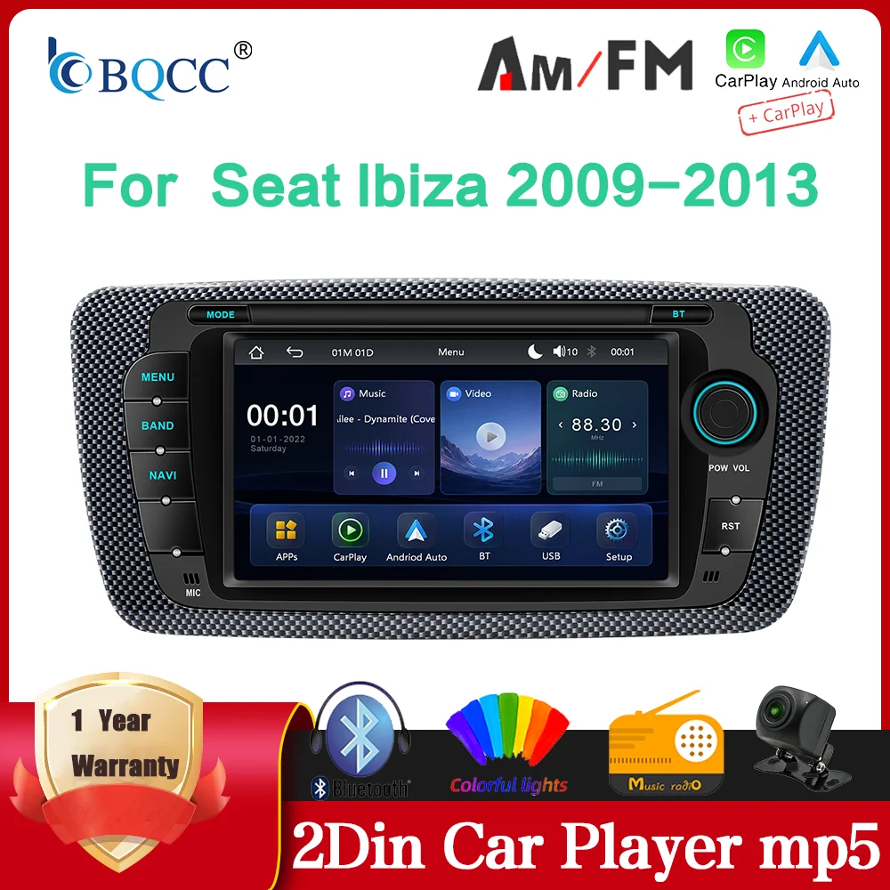 BQCC 7'' IPS Car Radio for Seat Ibiza 2009-2013 Wireless CarPlay Android Auto 7 Color LED RDS FM AM Stereo