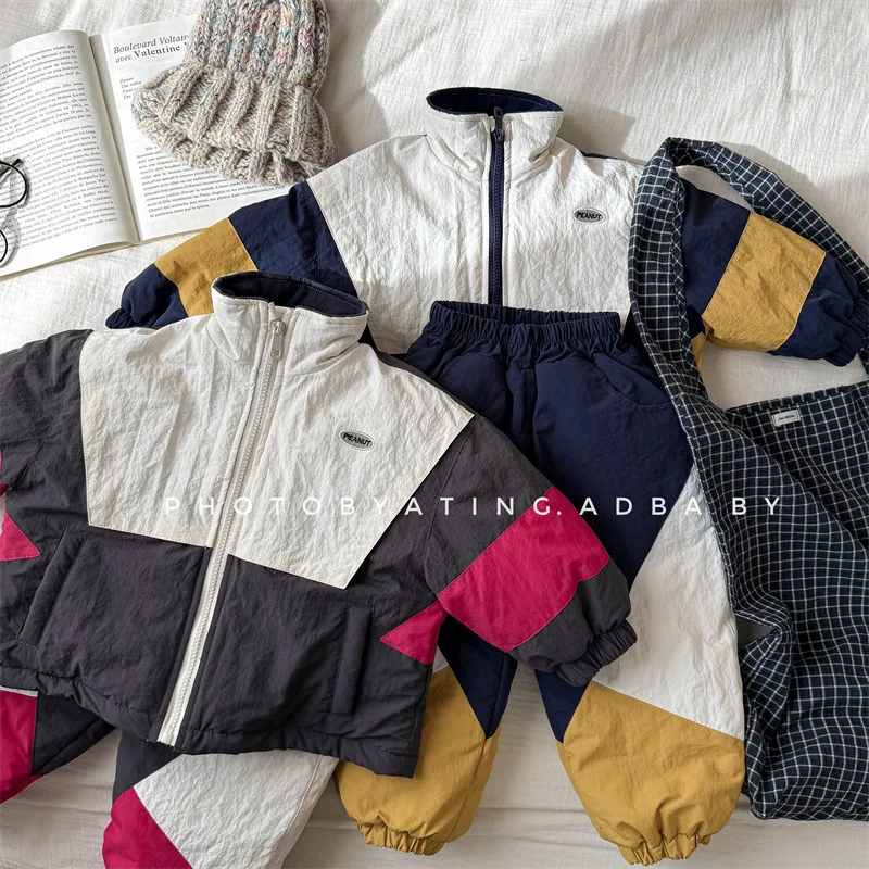 2026 Winter Kids Korean Style Fleece Lined Cotton Outfit Set for Girls Boys Toddler 2-Piece Jacket Pants Warm Children Clothing