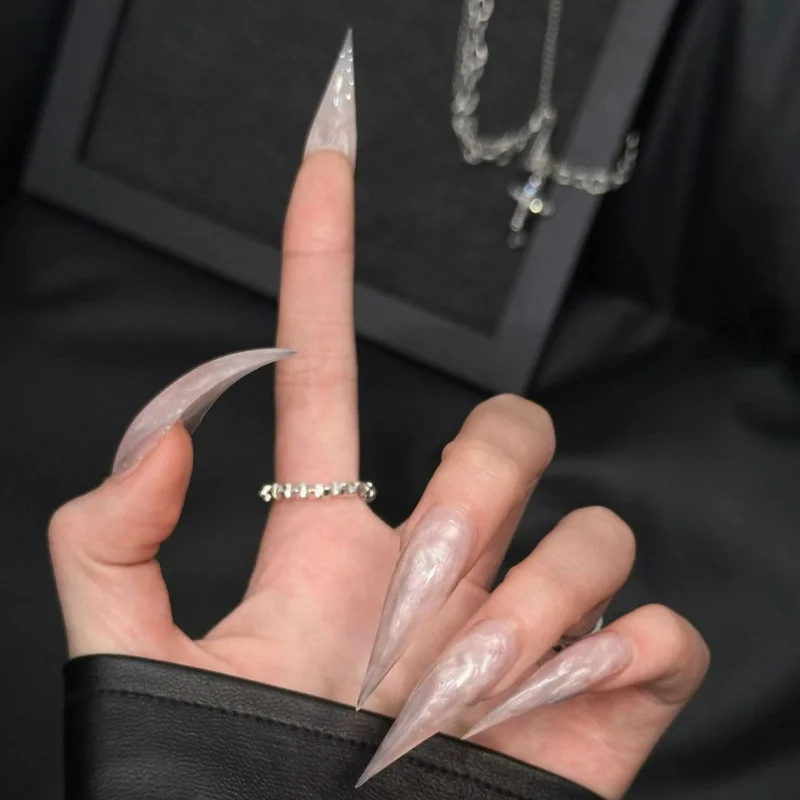Super Long Stiletto Press On Nails Nude Marble Swirl Aurora Fake Nails Extra Sharp Pointed False Nail Art Glossy Reusable Handma