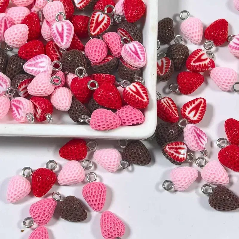 10pcs Cute mini simulated strawberry resin pendant diy sweet chocolate strawberry pendant handmade Earrings necklaces keychain