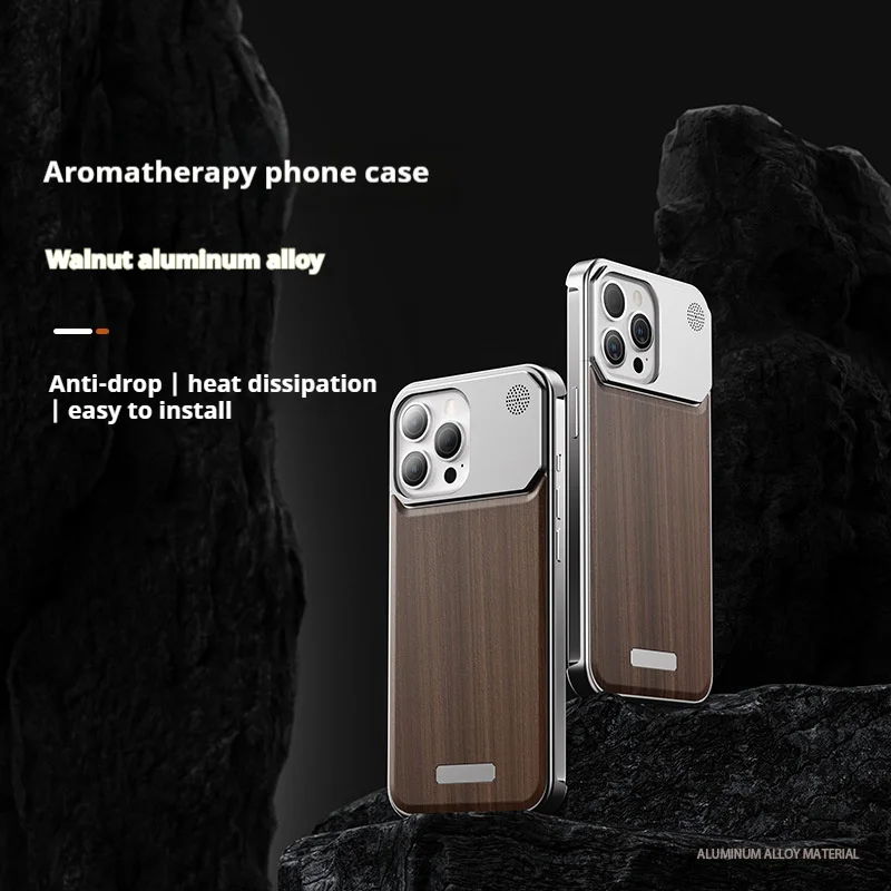 Luxury Wooden Metal Phone Case For iPhone 15 14 13 Half Pack Metal Frame Anti Drop Aromatherapy Phone Case