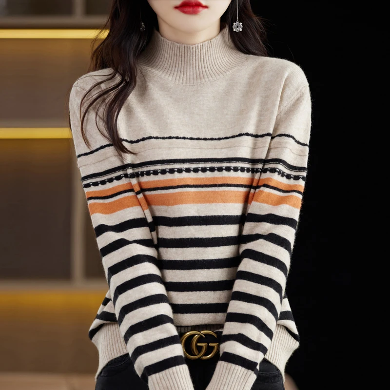 Women New Pure Wool Soft Sweater Half-high Collar Color Strip Pullover Autumn Winter Casual Versatile Knit Base Shirt Warm Top