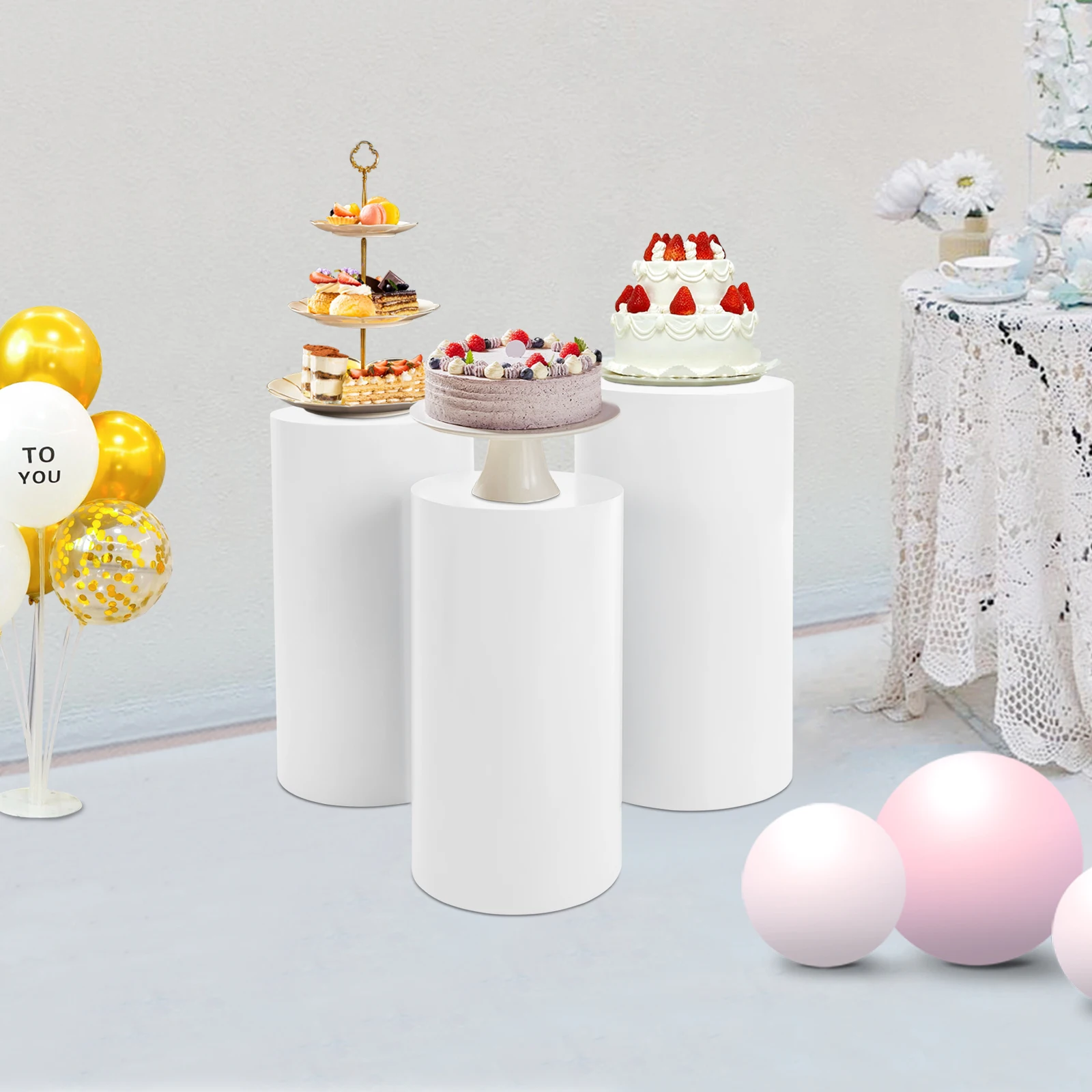 3Pcs Round Cylinder Pedestal Stand Freestanding Metal Cylinder Pedestal Wedding Birthday Party Cake Flower Display Pillars White