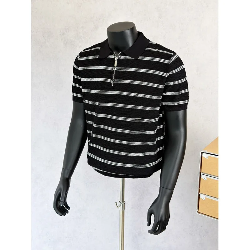 British Style Knitted Half Zip Polo Shirts Men Ice Silk Breathable Casual T-shirt Elastic Comfortable Business Office Social Top
