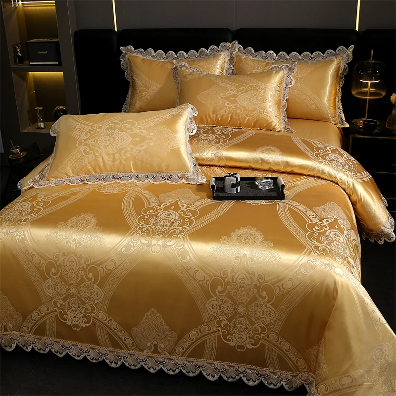 Luxury Golden European Style Satin Jacquard Cotton Lace Edge Bedding Set Silky Soft Duvet Cover Flat/Fitted Bed Sheet Pillowcase