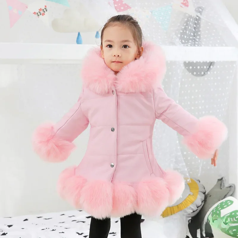Girls Winter Thick Coat 2024 New Korean Children Clothing Children PU Leather Fur Medium Length Hooded Cotton Coat