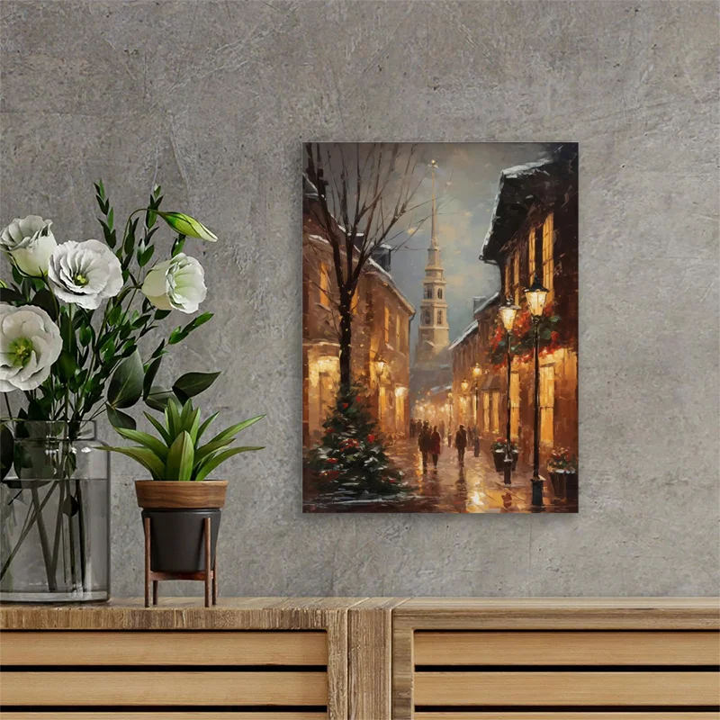 Framed Wooden Frame Vintage Christmas Scene Canvas Painting for Cityscape Decoration Suitable for Weddings Graduation Ceremony