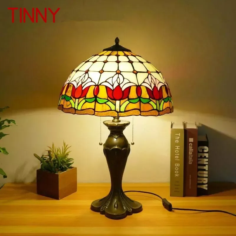 TINNY Tiffany Table Lamp American Retro Living Room Bedroom Lamp Luxurious Villa Hotel  Stained Glass Desk Lamp