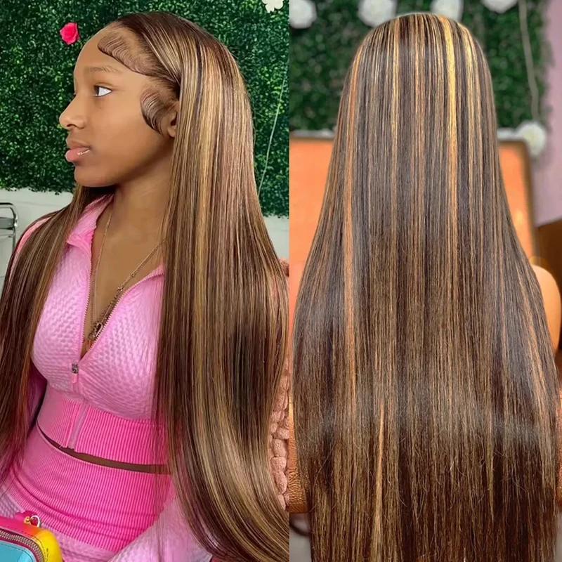

Elegant Highlight 4/27 13×4 Straight Wig 4/27 Colored Straight Hair Wigs Pre Plucked Human Hair Lace Wigs With Baby Hair