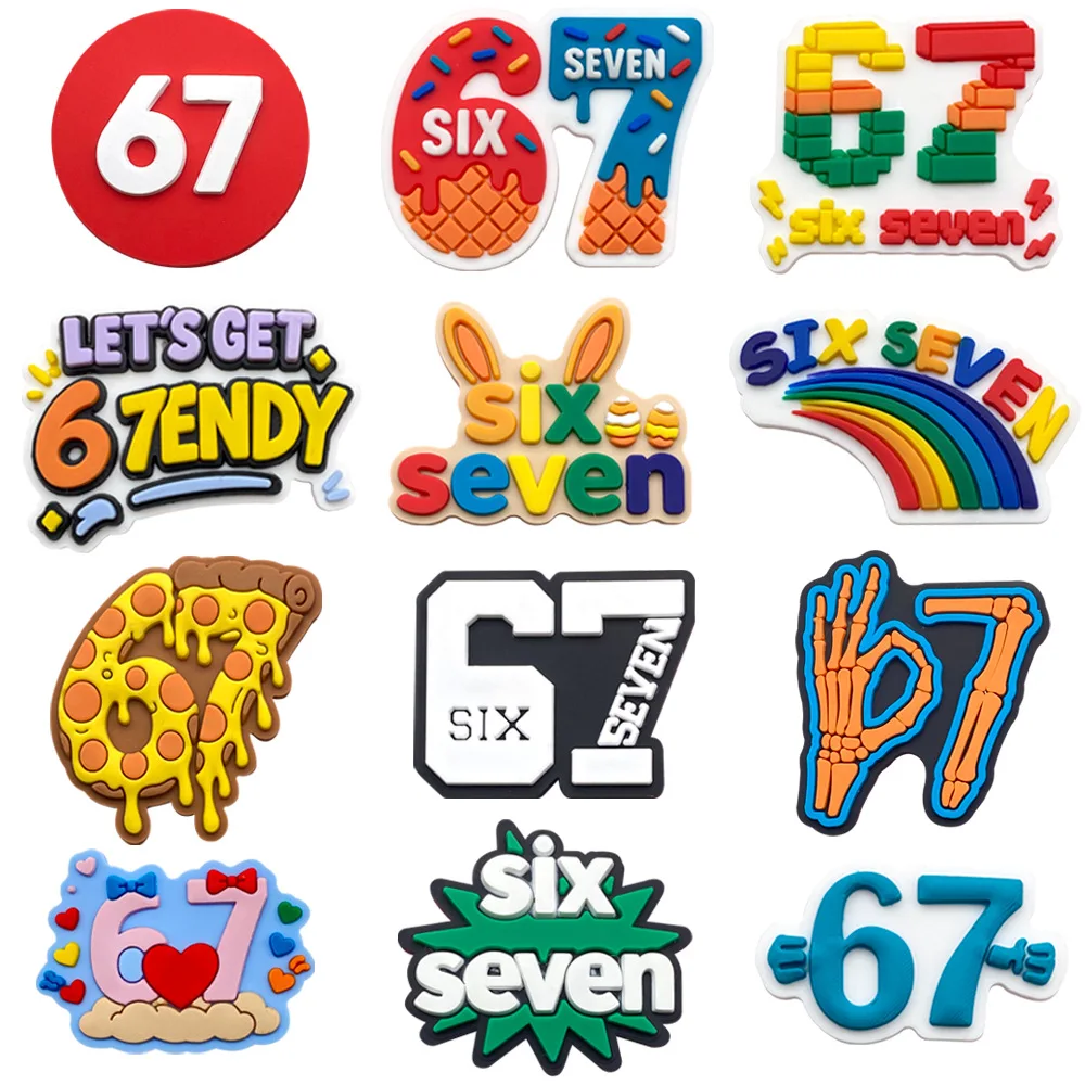 12-Pack New 67 Themed Croc Charms - Premium PVC Soft Rubber Shoe Decor for Sandals & Beach Bags