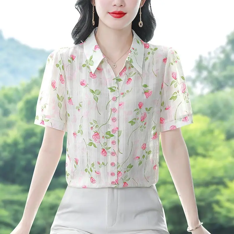 

Summer New Arrival Floral Chiffon Blouse Women Short Sleeve Print Top Stylish Elegant
