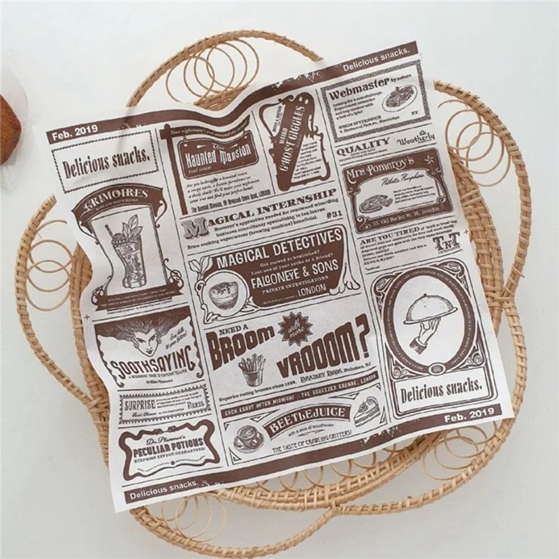 200Pcs English Newspaper Greaseproof Paper Snack Paper Oil-Absorbent Paper French Fries Sandwich Wrapping Paper