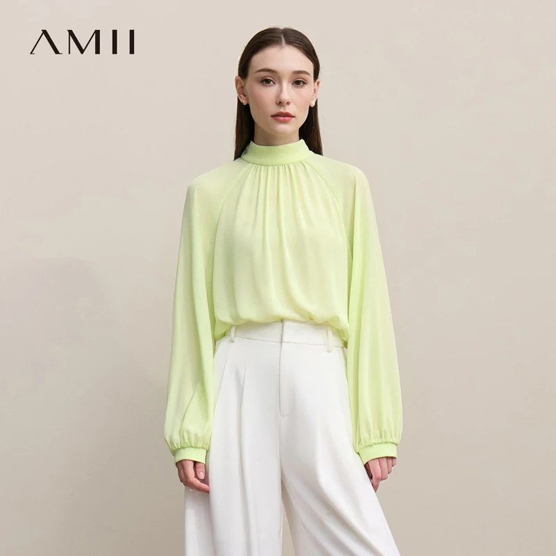 Amii Damen-Bluse, 2026, frühjahrsneu, elegant, für Pendler, halber Rollkragen, Chiffon-Hemd, Damen-Raglanärmel, solides, lockeres Oberteil 12641072
