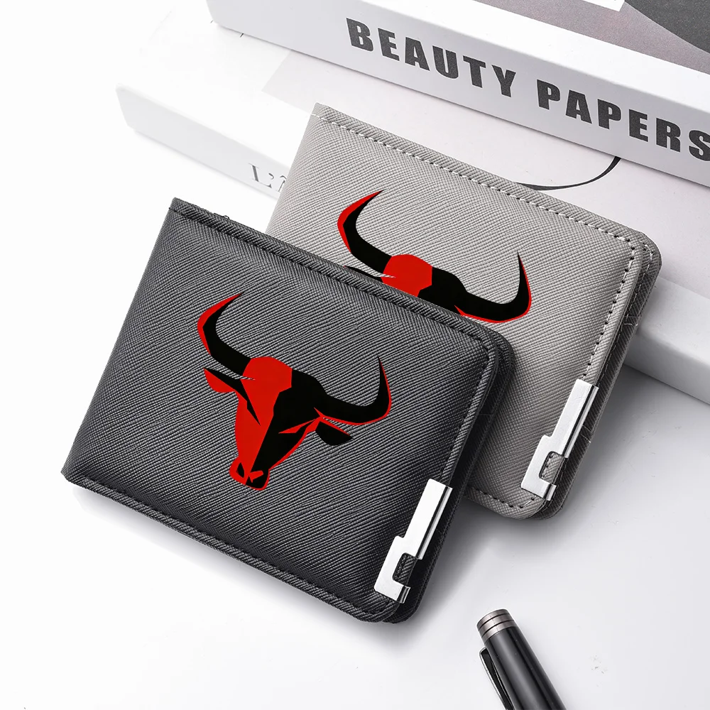 Men's PU leather short wallet with multiple card slots, personalized bull head design and metal frame