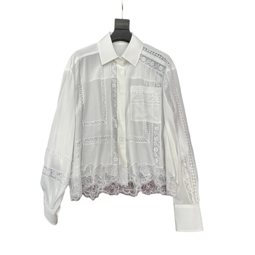 2024 new French vintage lace embroidery splicing short loose silk shirt female minority long sleeve