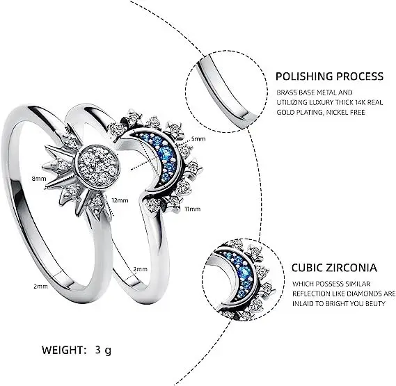 2023 New Couple Ring Set Sky Blue Sparkling Moon and Sun Ring Women\'s Stackable Finger Set Engagement Jewelry 2pc/set