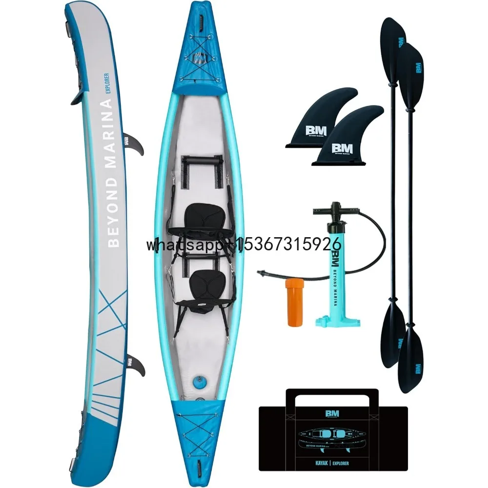 

Inflatable Kayak 2 Person Adult- Drop Stitch Tandem Kayak | with Aluminum Paddles, Seats, Footrests, Pump, Fins